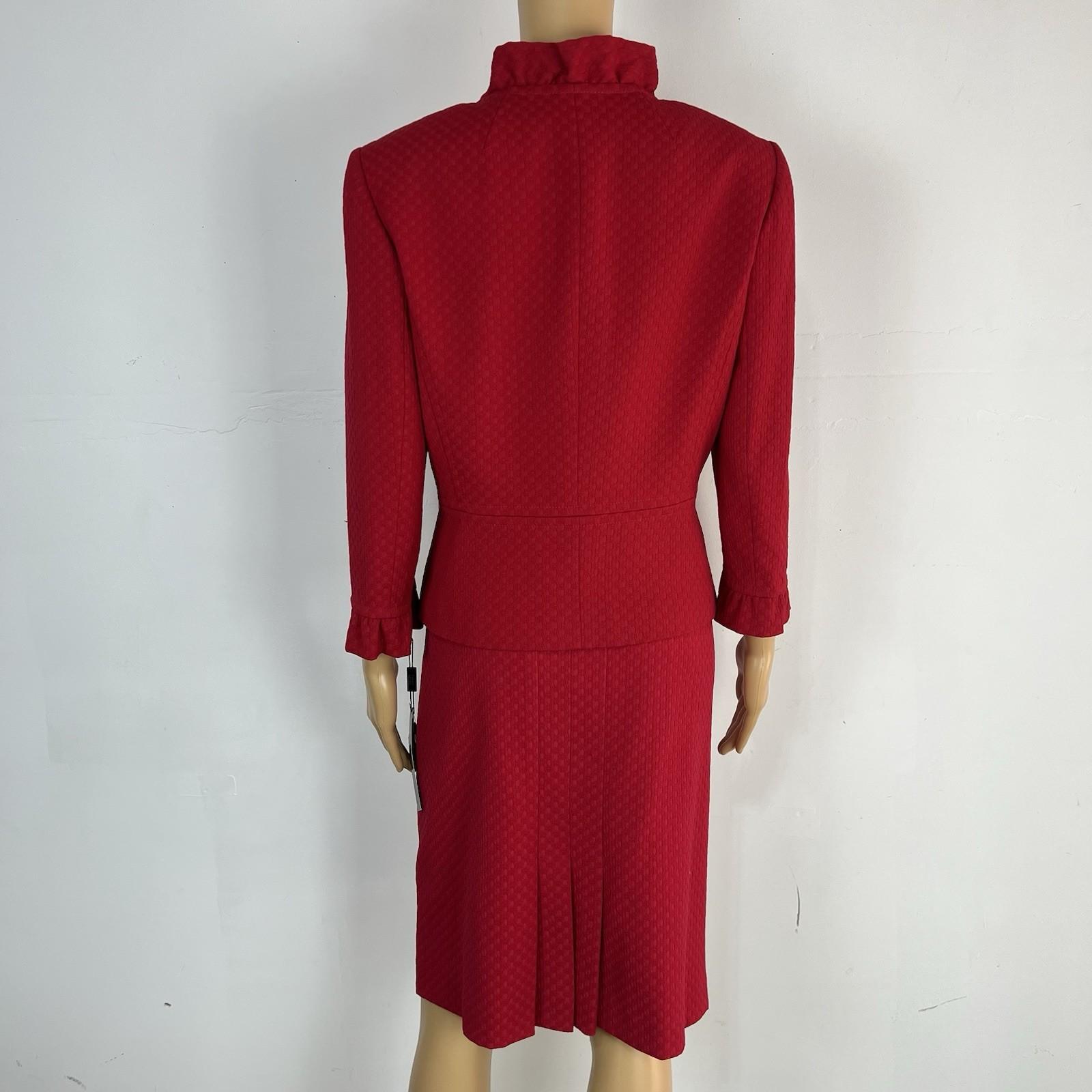 Tahari ASL Women Skirt Suit Size 10 Ruby Red Ruffle Collar Cuff Lined 2PC Career