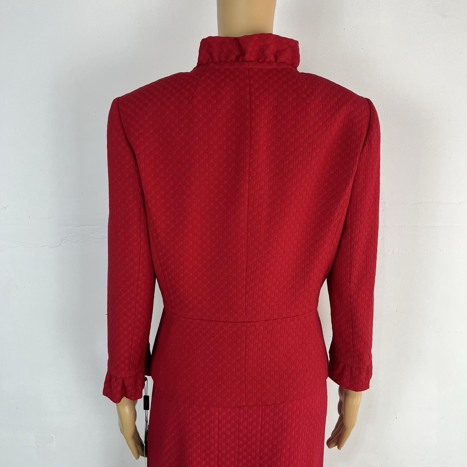 Tahari ASL Women Skirt Suit Size 10 Ruby Red Ruffle Collar Cuff Lined 2PC Career