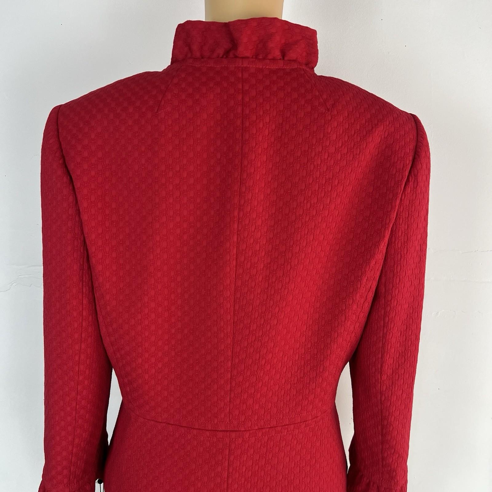 Tahari ASL Women Skirt Suit Size 10 Ruby Red Ruffle Collar Cuff Lined 2PC Career