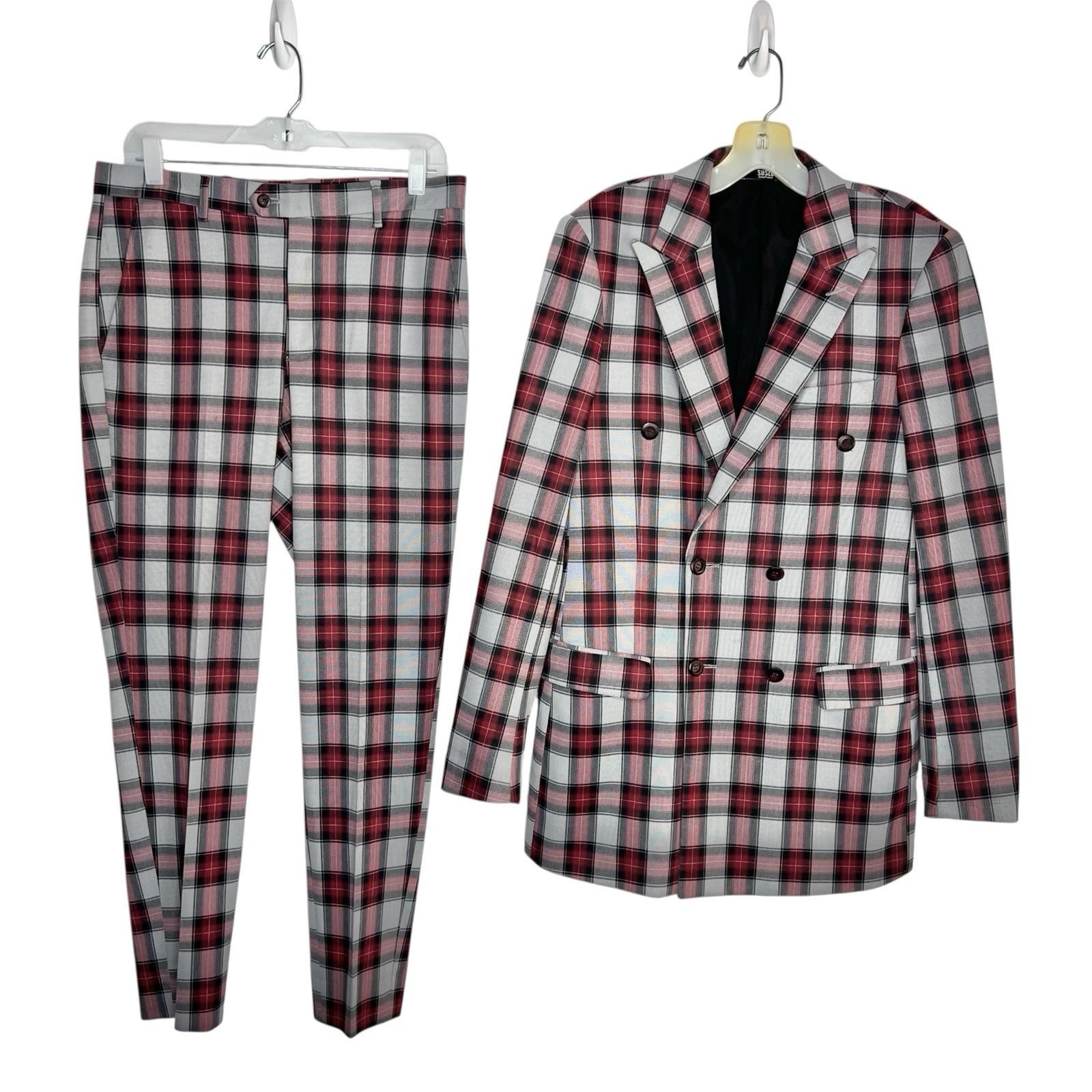 Suslo Couture Men Double Breasted Suit 38L Pants 32x28 Plaid Red Black 2PC