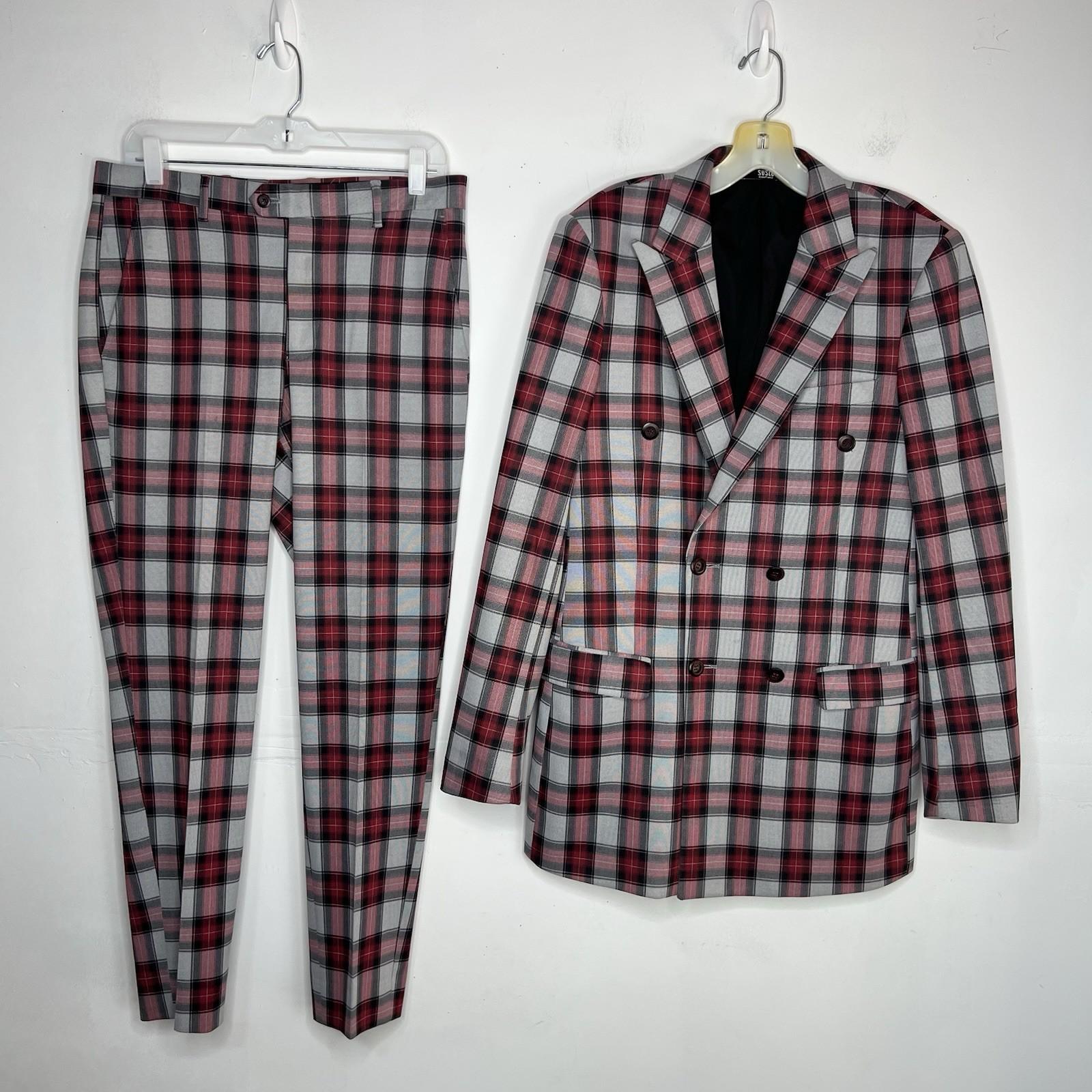 Suslo Couture Men Double Breasted Suit 38L Pants 32x28 Plaid Red Black 2PC