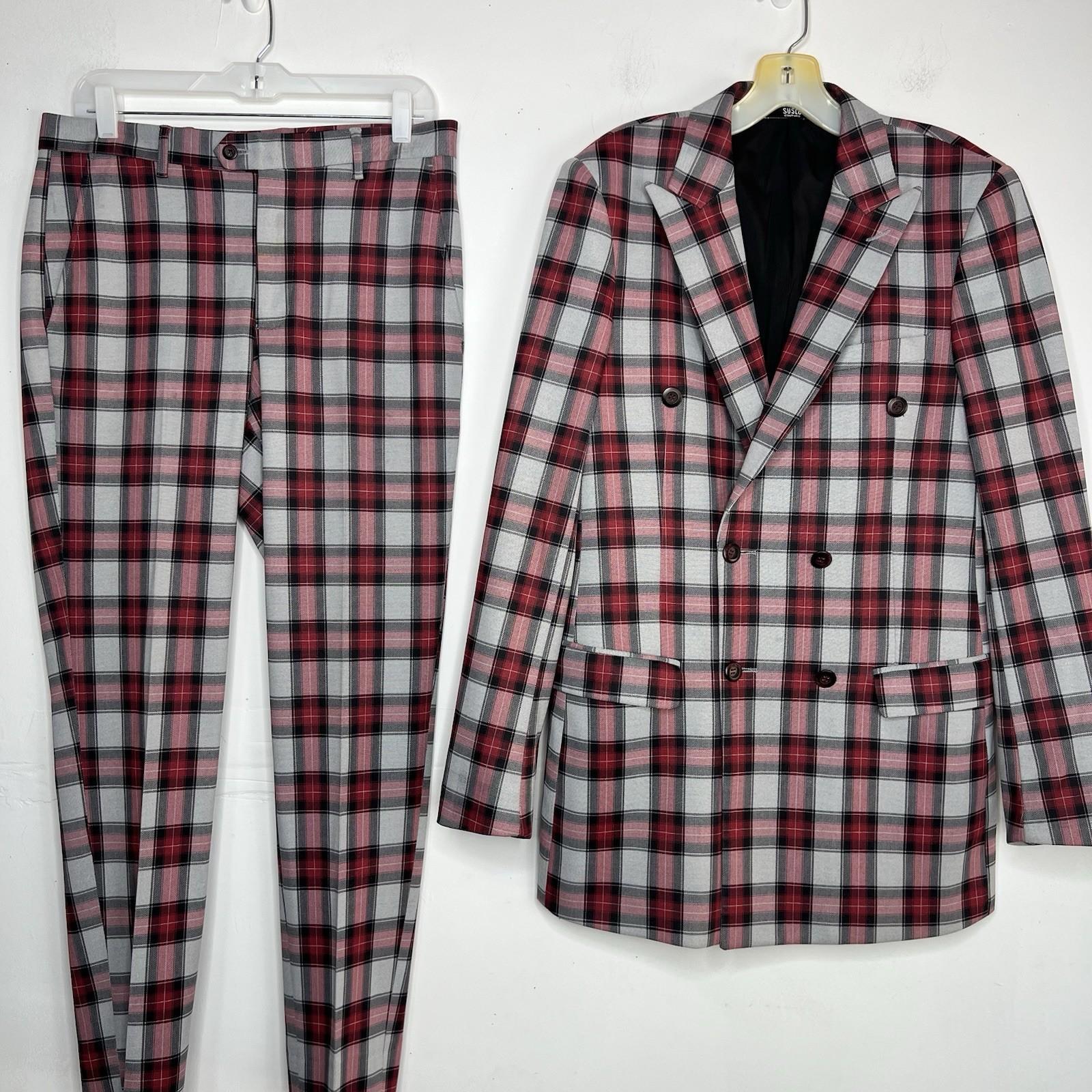 Suslo Couture Men Double Breasted Suit 38L Pants 32x28 Plaid Red Black 2PC