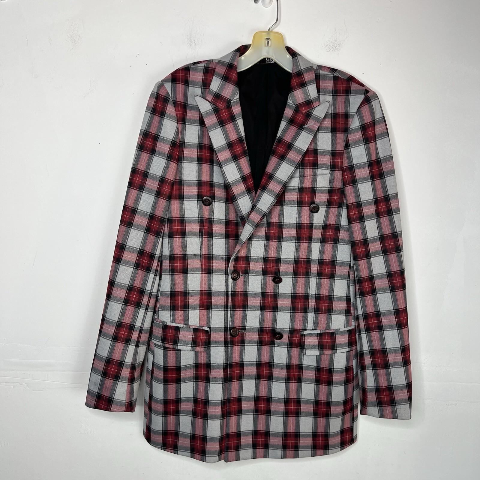 Suslo Couture Men Double Breasted Suit 38L Pants 32x28 Plaid Red Black 2PC