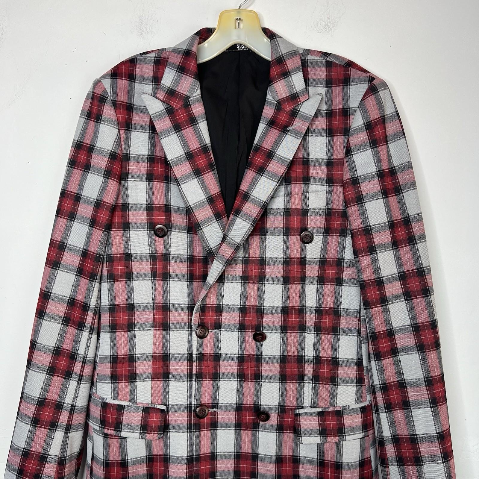 Suslo Couture Men Double Breasted Suit 38L Pants 32x28 Plaid Red Black 2PC