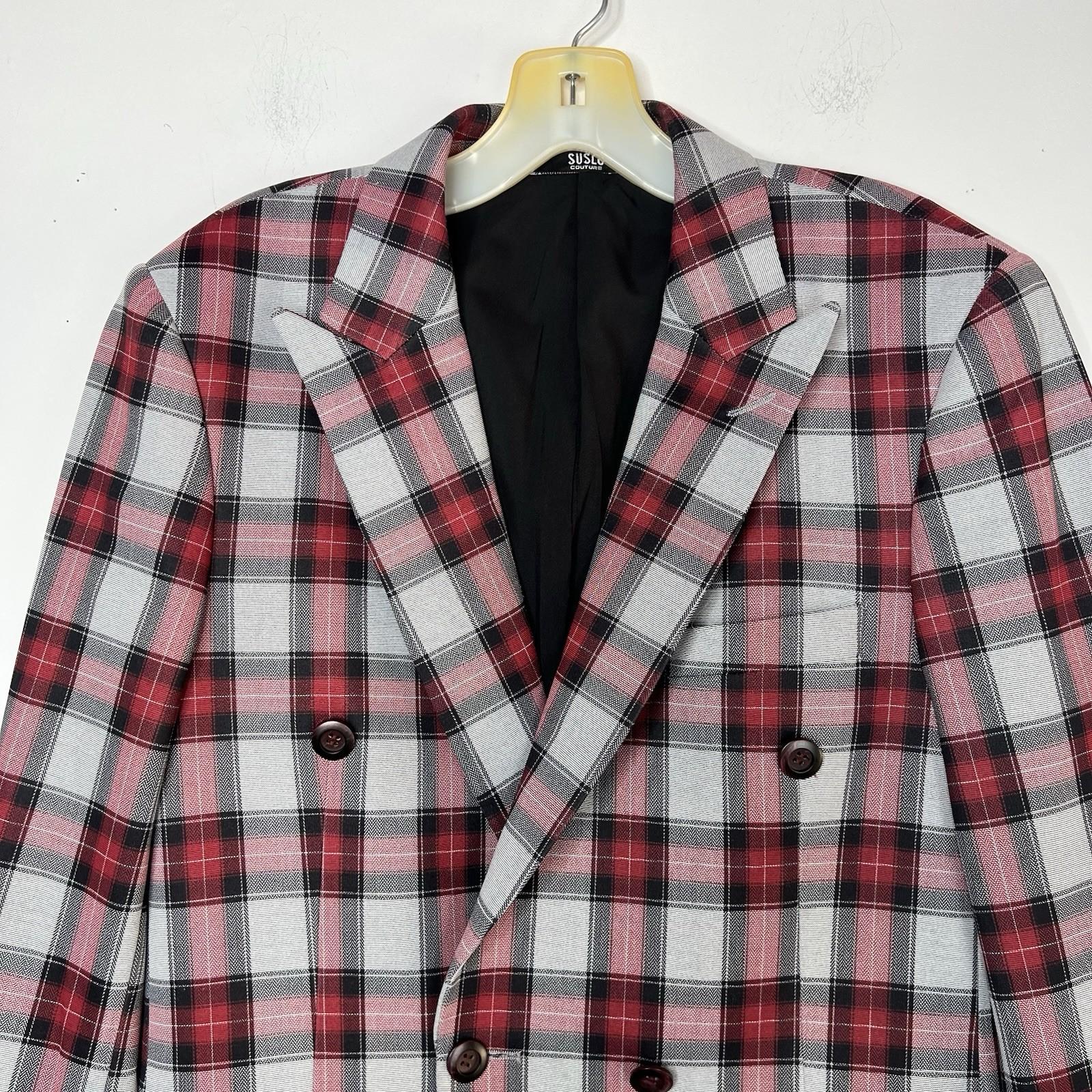 Suslo Couture Men Double Breasted Suit 38L Pants 32x28 Plaid Red Black 2PC