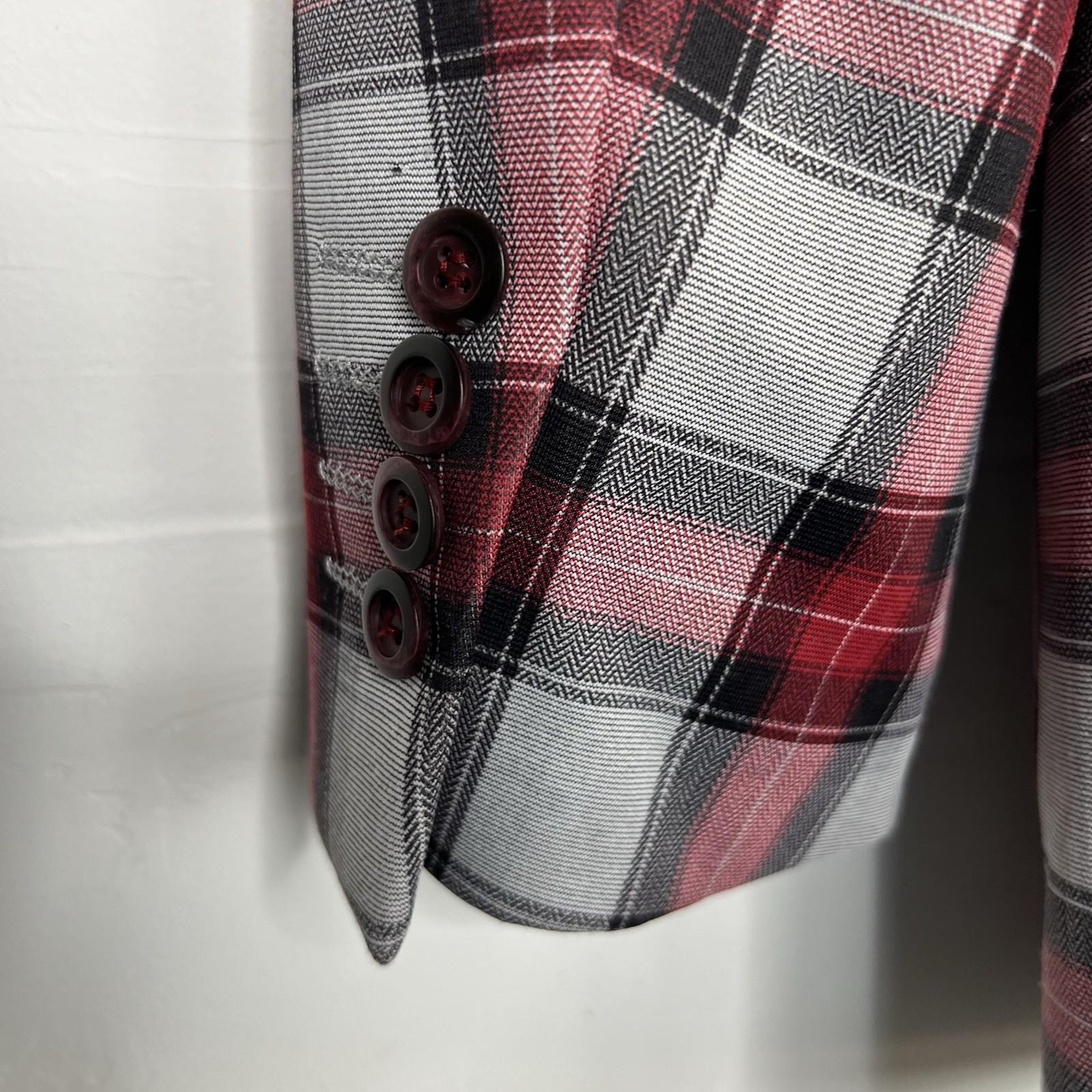 Suslo Couture Men Double Breasted Suit 38L Pants 32x28 Plaid Red Black 2PC