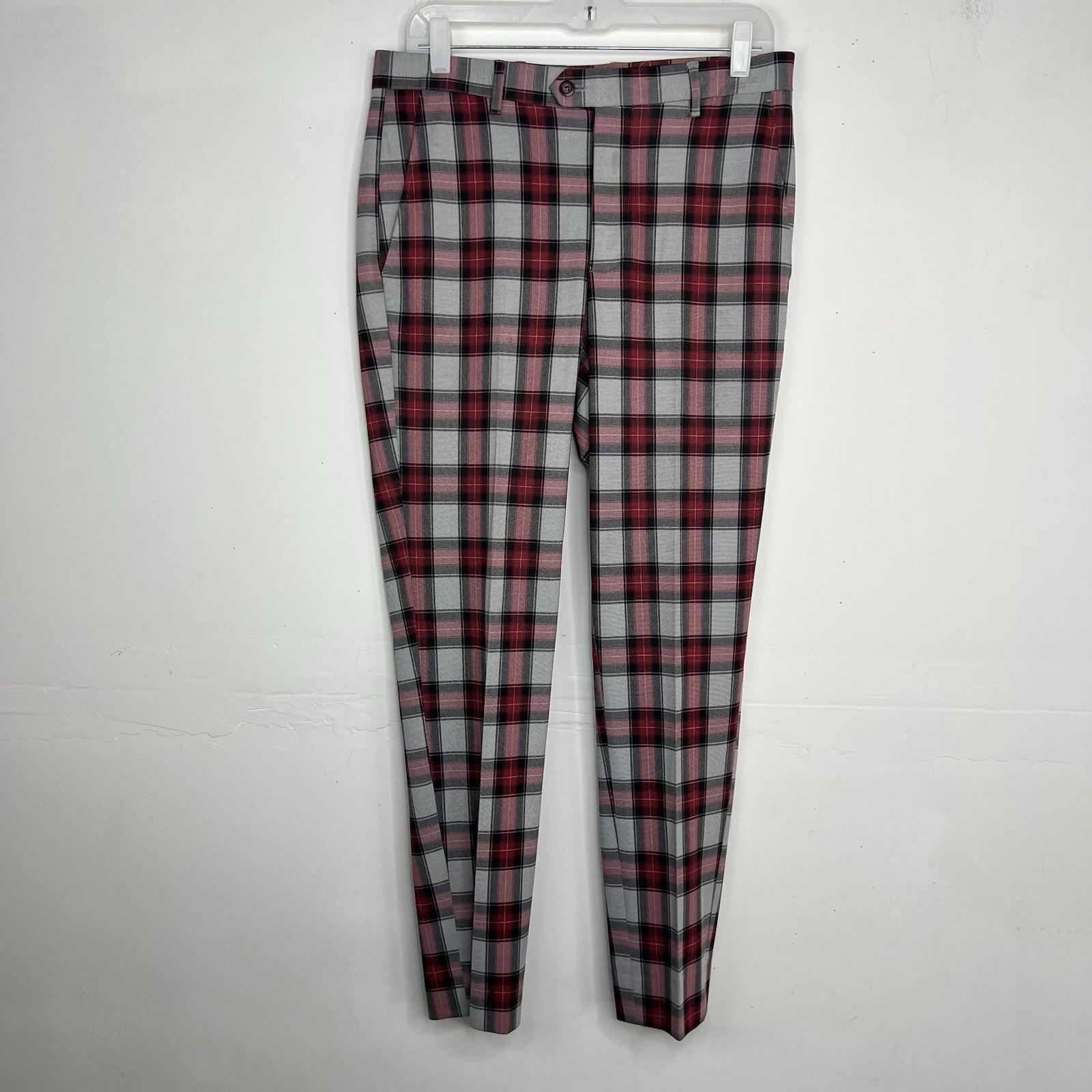 Suslo Couture Men Double Breasted Suit 38L Pants 32x28 Plaid Red Black 2PC