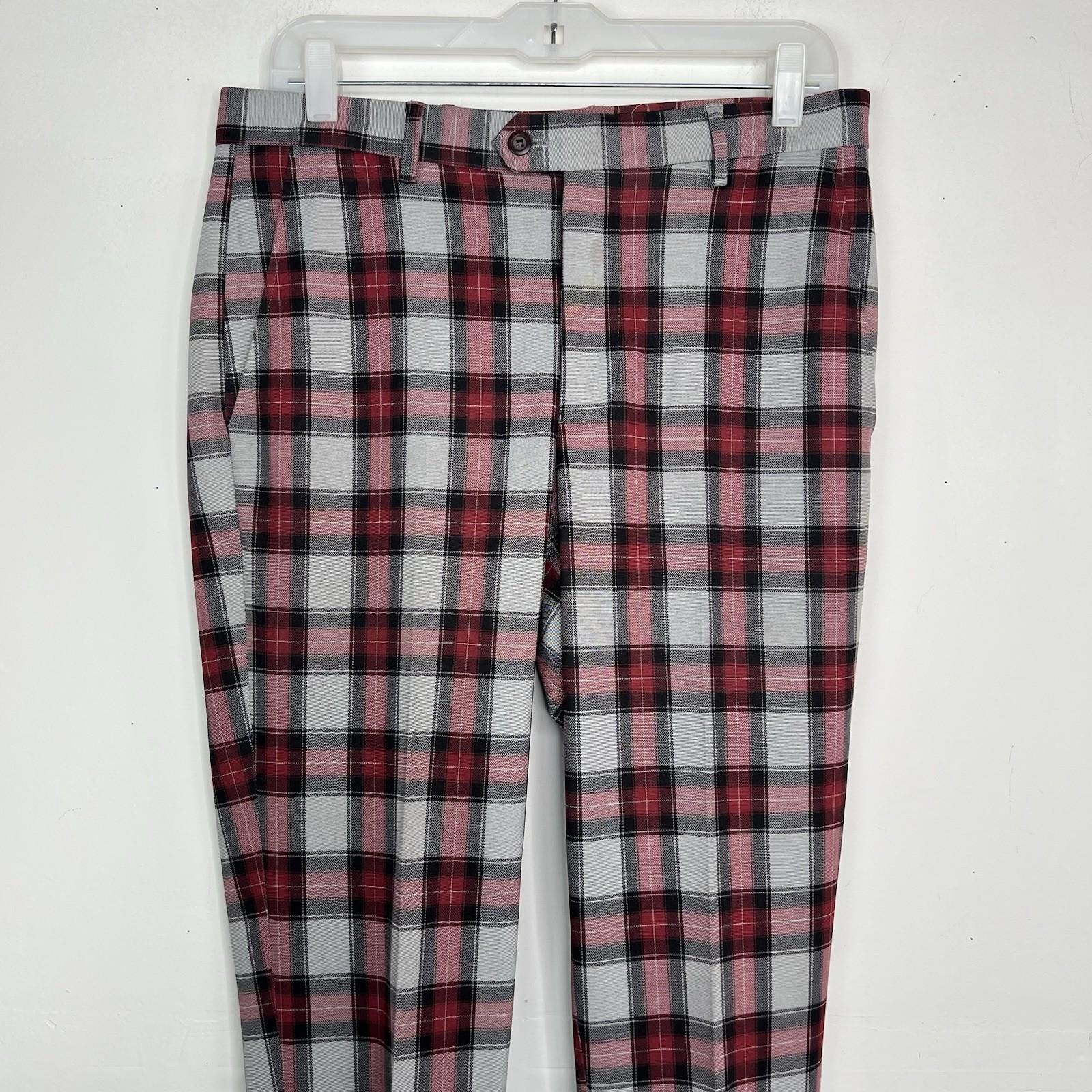 Suslo Couture Men Double Breasted Suit 38L Pants 32x28 Plaid Red Black 2PC