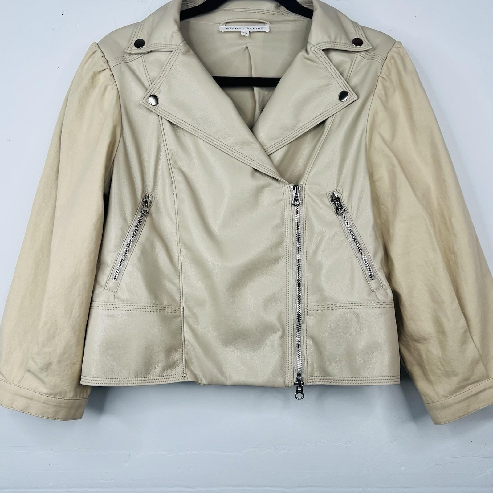 Melissa Nepton Clover Jacket Women M Khaki Beige Faux Leather Puff Sleeve Moto