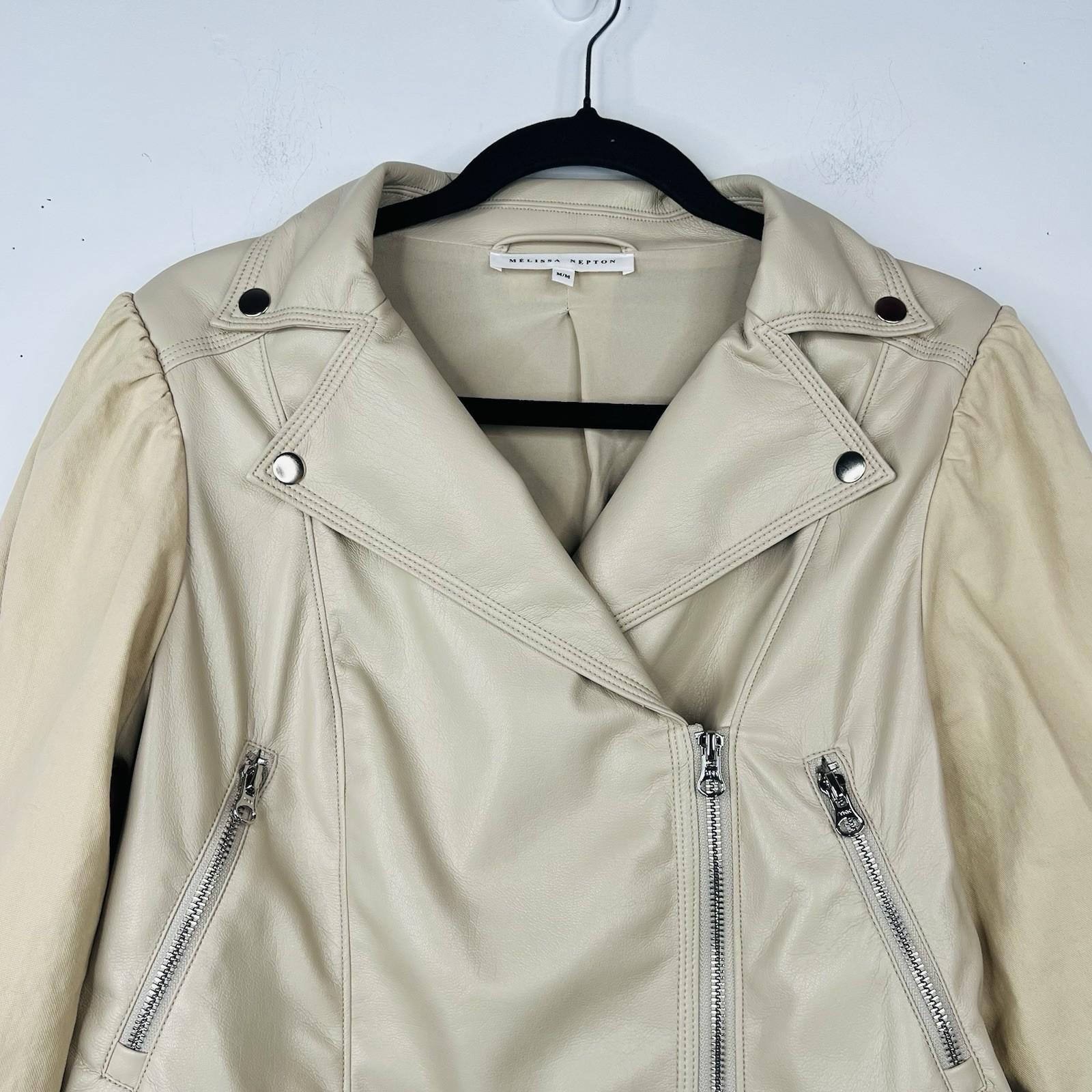 Melissa Nepton Clover Jacket Women M Khaki Beige Faux Leather Puff Sleeve Moto