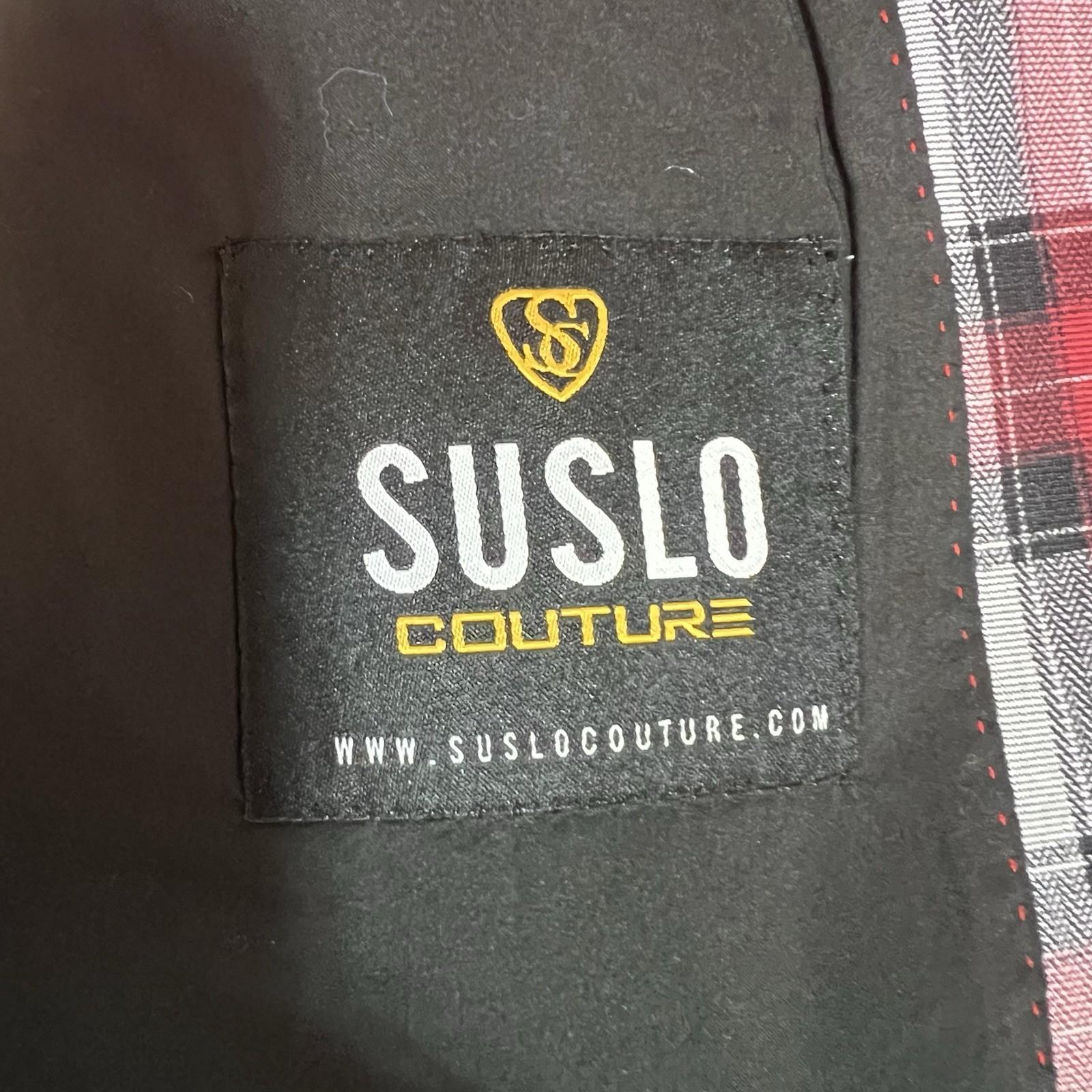 Suslo Couture Men Double Breasted Suit 38L Pants 32x28 Plaid Red Black 2PC