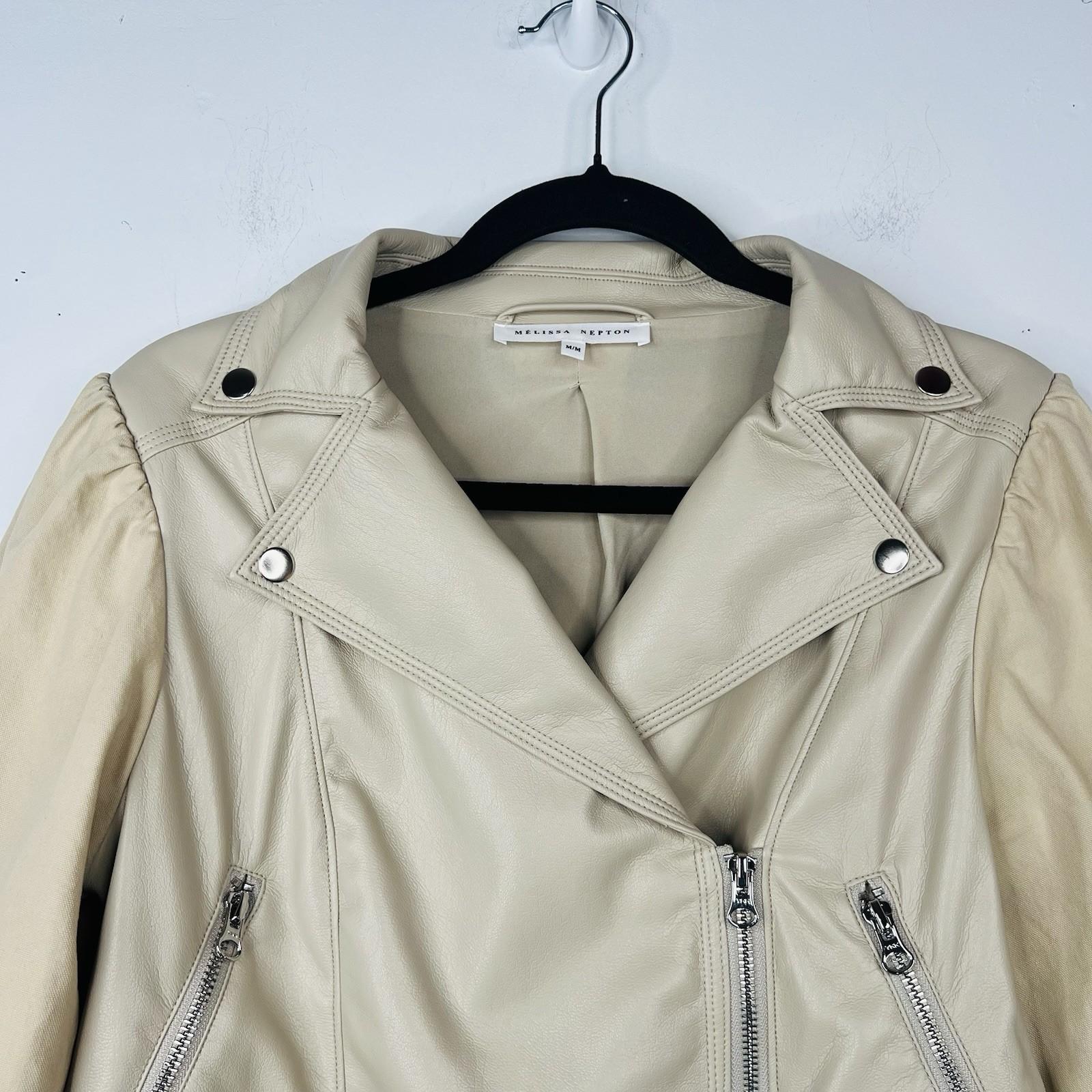Melissa Nepton Clover Jacket Women M Khaki Beige Faux Leather Puff Sleeve Moto
