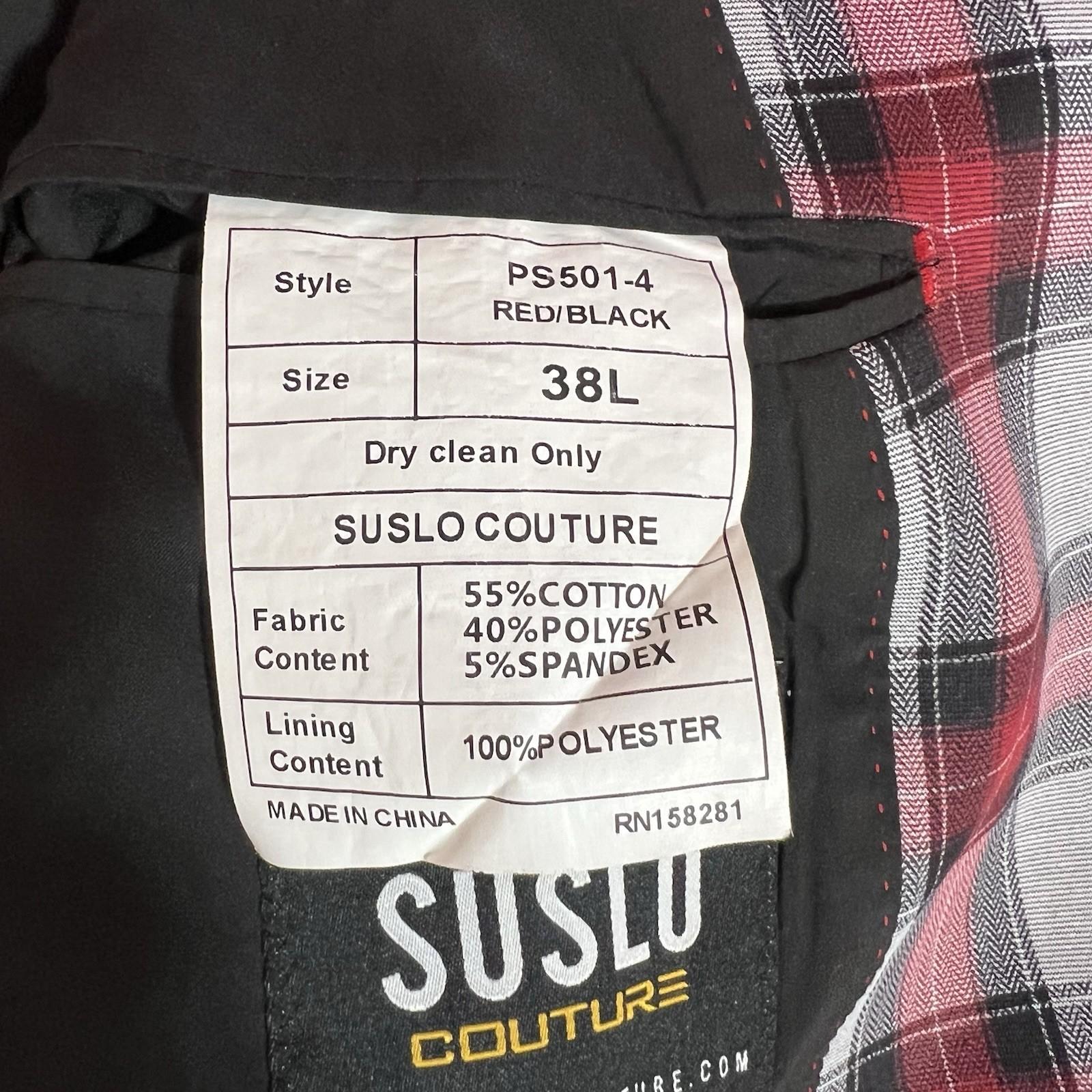 Suslo Couture Men Double Breasted Suit 38L Pants 32x28 Plaid Red Black 2PC