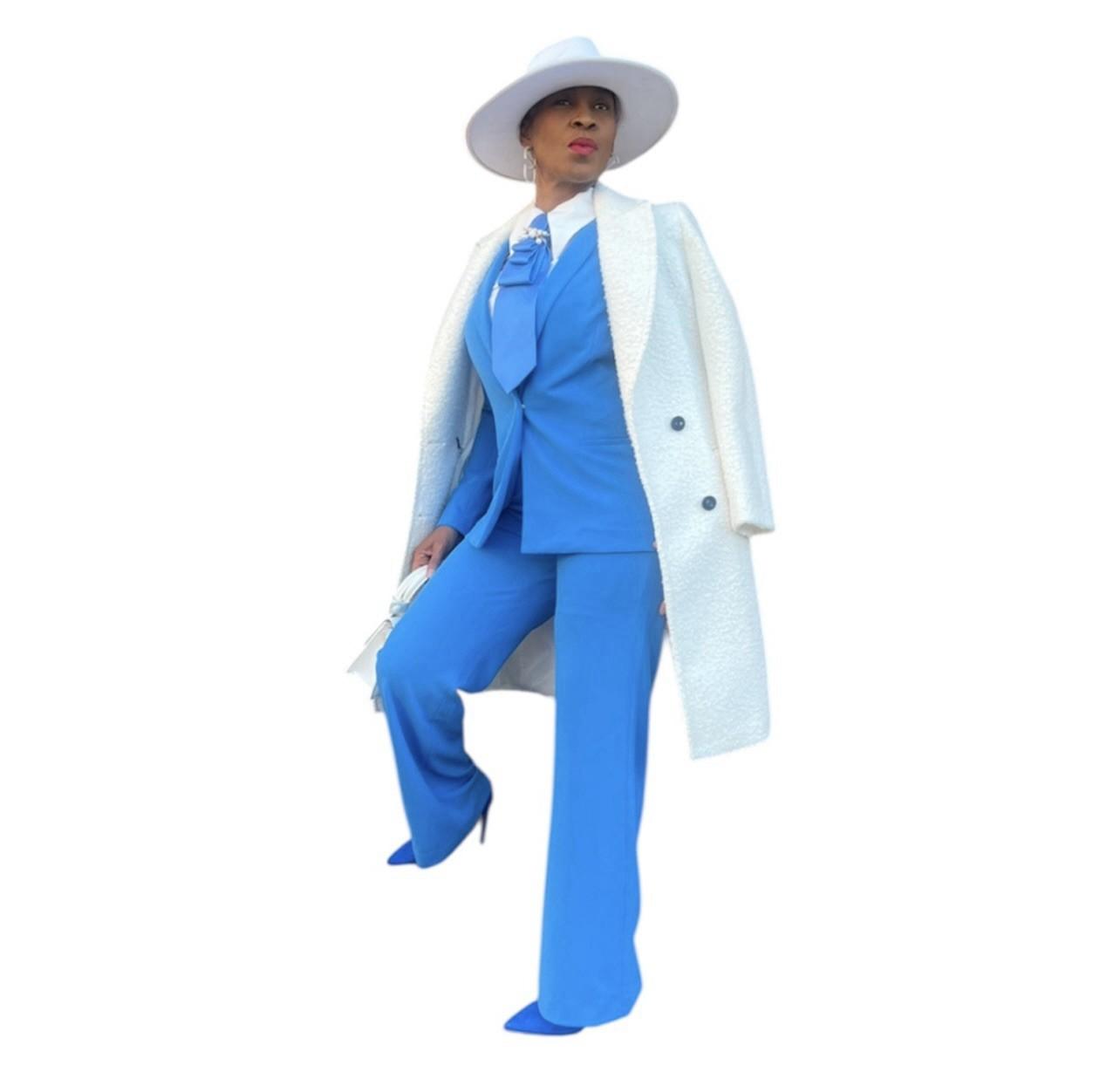 White House Black Market 2PC Stretch Pant Suit Size 8 Isla One Button Blue New