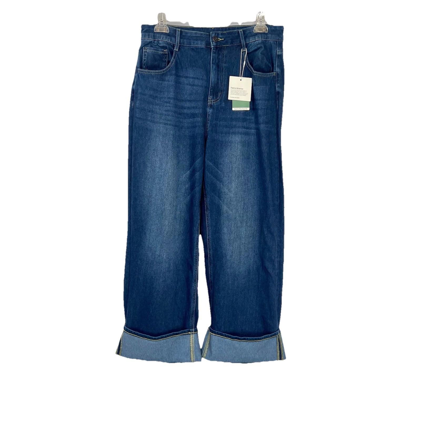 Halara Flex Jeans Women Blue Rolled Hem Wide Leg Denim Size L High Waisted New