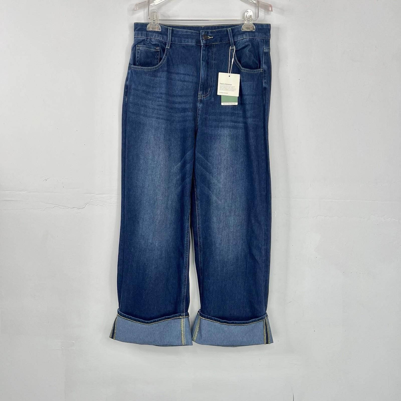 Halara Flex Jeans Women Blue Rolled Hem Wide Leg Denim Size L High Waisted New