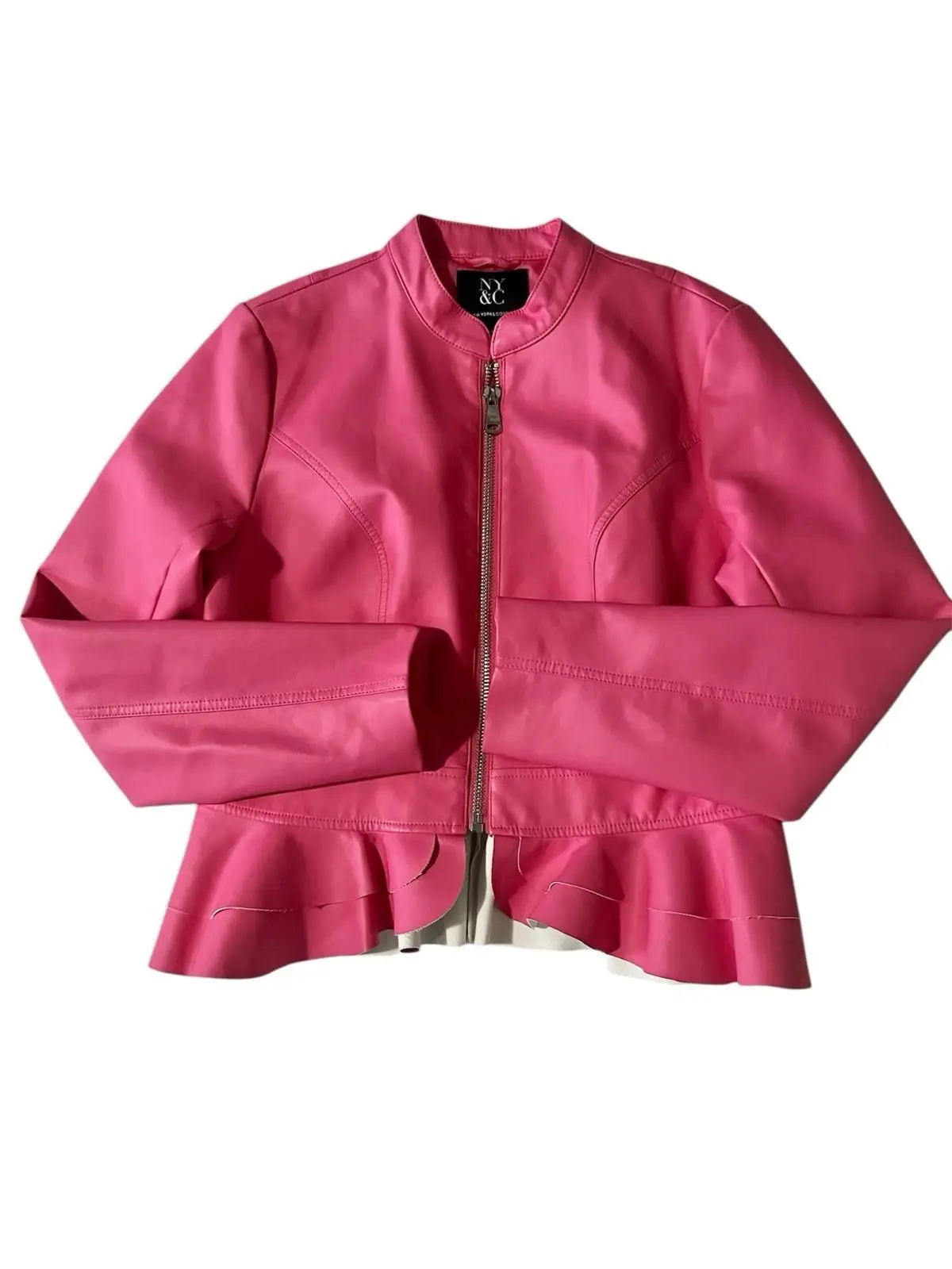 10-276.jpg New York & Co Faux Leather Peplum Hem Moto Jacket M Pink Tiered Cool Girl Chic
