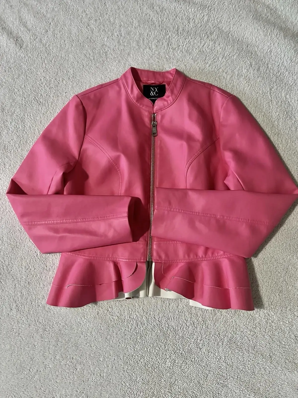 10-278.jpg New York & Co Faux Leather Peplum Hem Moto Jacket M Pink Tiered Cool Girl Chic