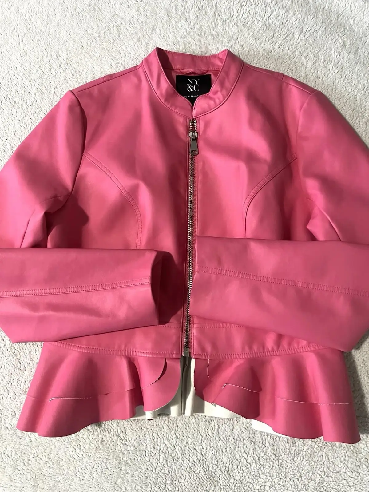 10-279.jpg New York & Co Faux Leather Peplum Hem Moto Jacket M Pink Tiered Cool Girl Chic