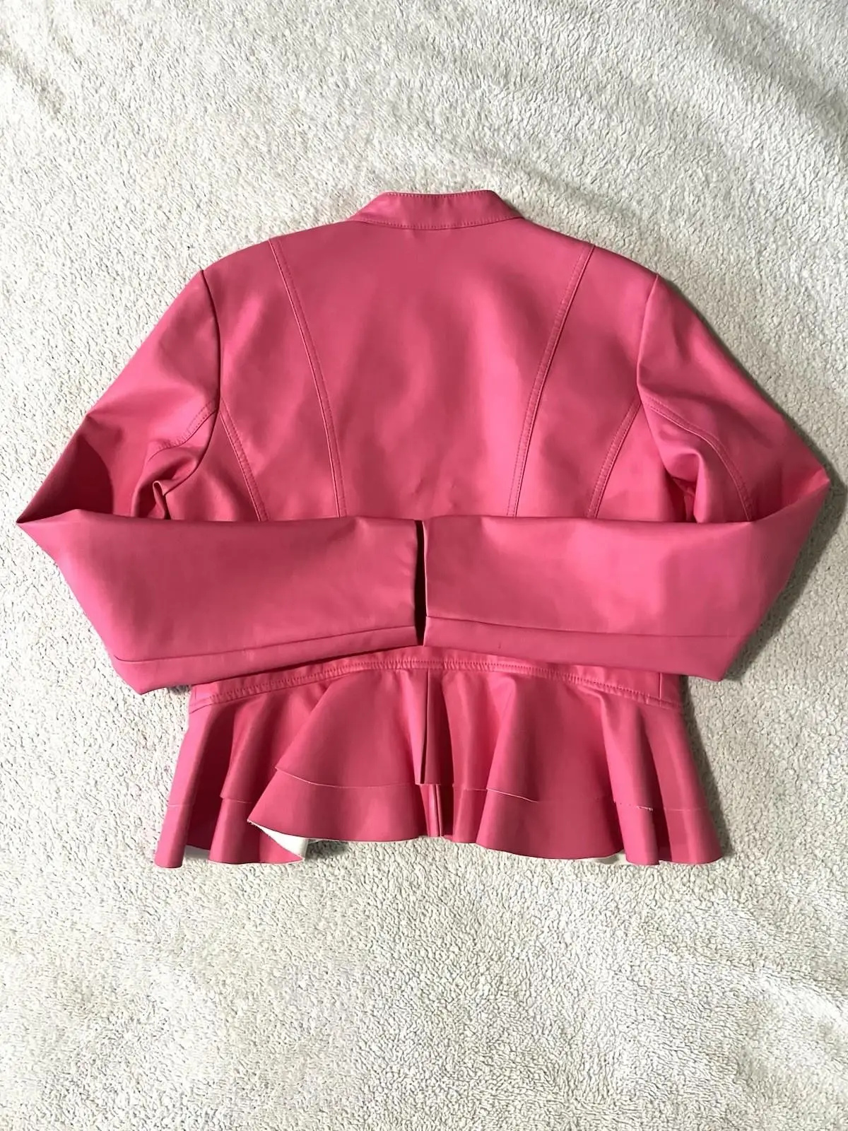 10-281.jpg New York & Co Faux Leather Peplum Hem Moto Jacket M Pink Tiered Cool Girl Chic