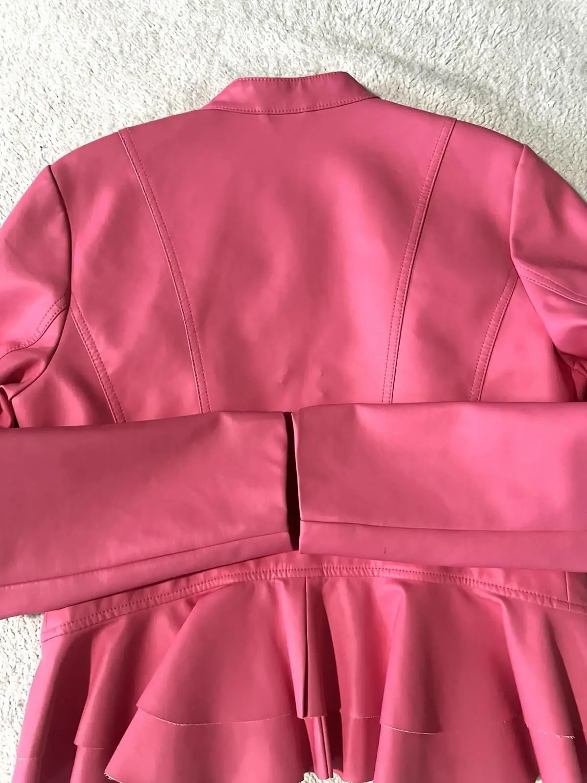 10-282.jpg New York & Co Faux Leather Peplum Hem Moto Jacket M Pink Tiered Cool Girl Chic
