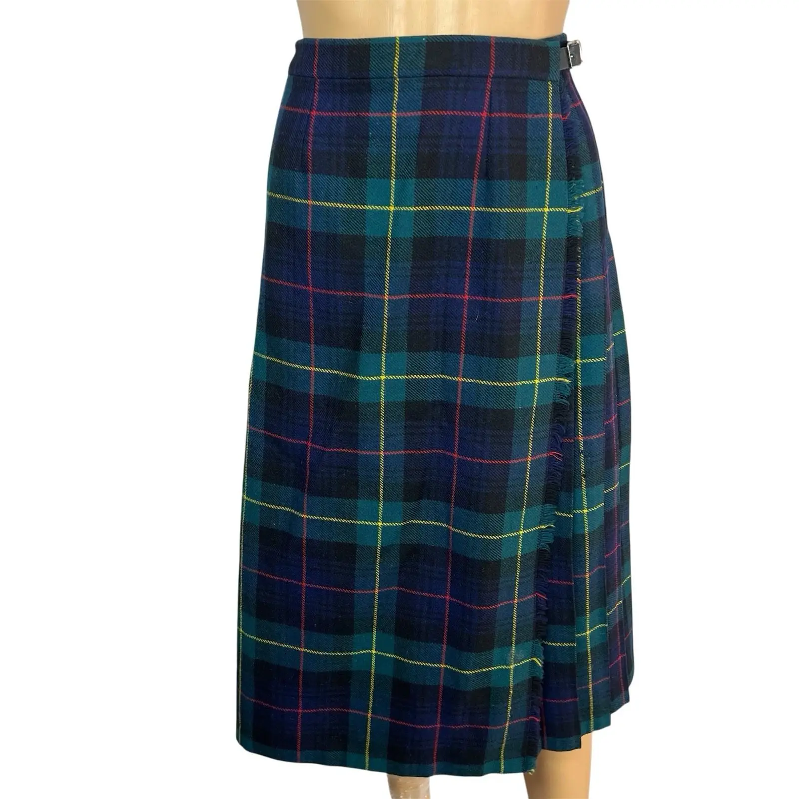 VTG Y2K Charter Club Wool Skirt Size 10P Green Multi Wrap Plaid Pleated Midi