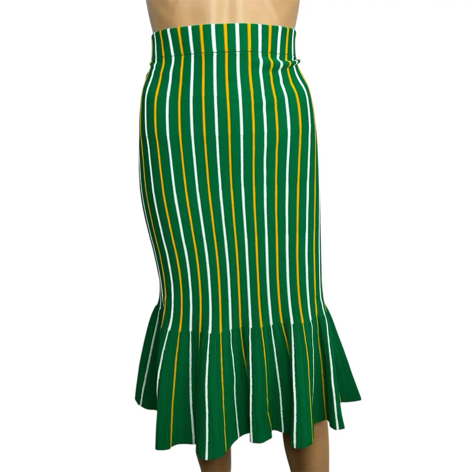 Eva Mendes Knit Sweater Pencil Skirt XL Multicolor Striped Ruffle Hem Bodycon