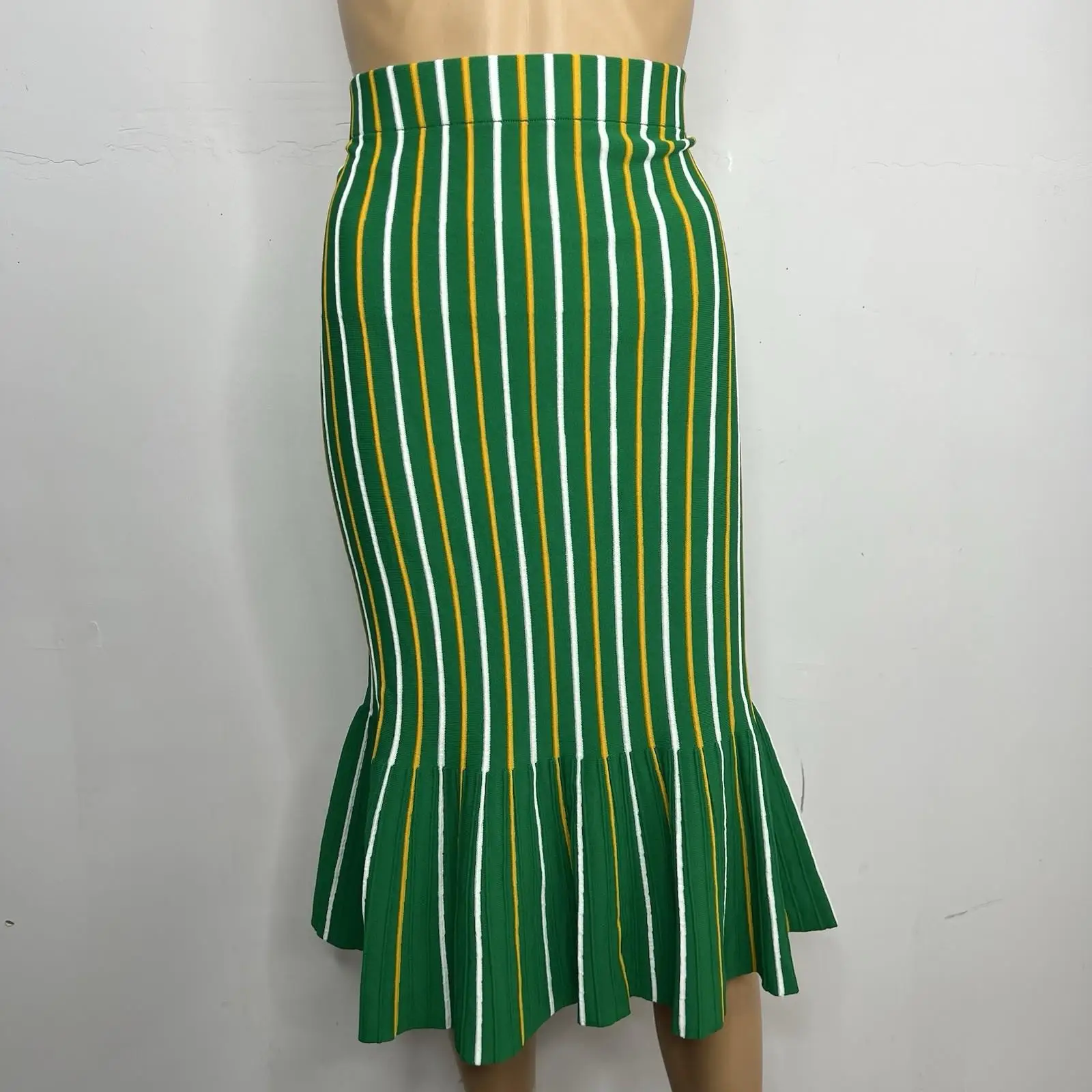 Eva Mendes Knit Sweater Pencil Skirt XL Multicolor Striped Ruffle Hem Bodycon