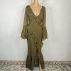 Asos design Maxi Dress Size 8 Khaki Green V-Neck Long Sleeve Ruffle Cut Out Back