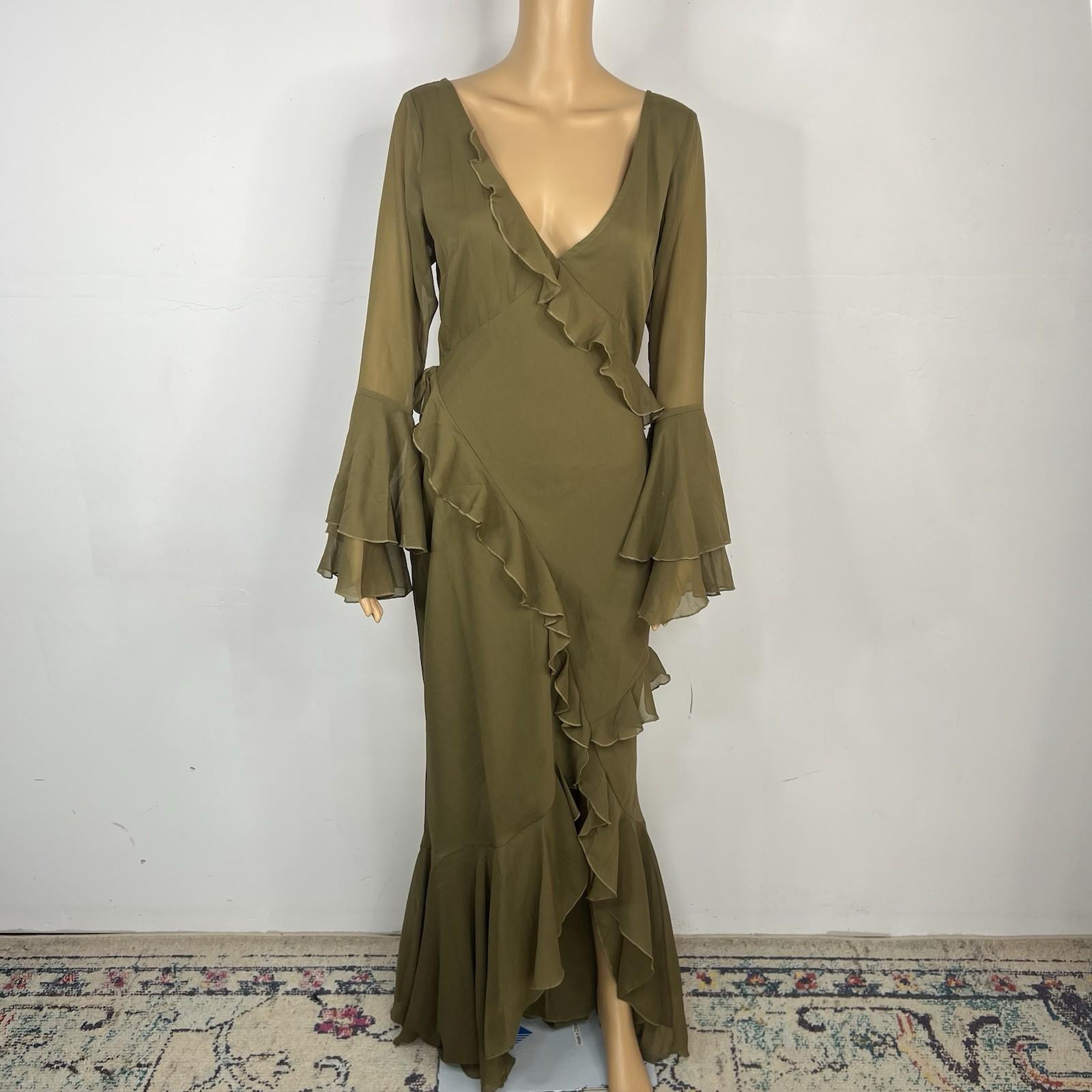 Asos design Maxi Dress Size 8 Khaki Green V-Neck Long Sleeve Ruffle Cut Out Back