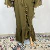 Asos design Maxi Dress Size 8 Khaki Green V-Neck Long Sleeve Ruffle Cut Out Back