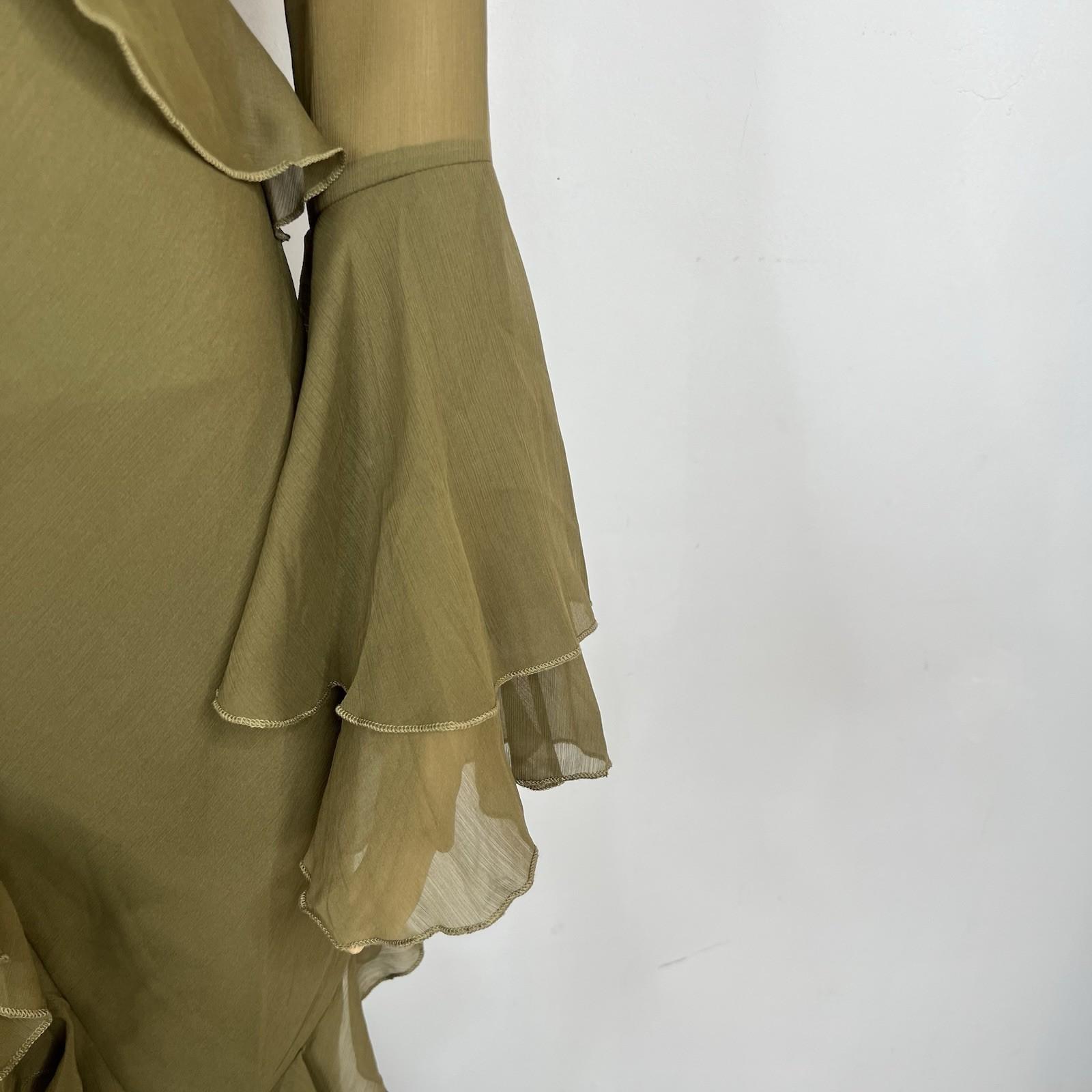 Asos design Maxi Dress Size 8 Khaki Green V-Neck Long Sleeve Ruffle Cut Out Back