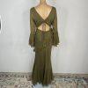 Asos design Maxi Dress Size 8 Khaki Green V-Neck Long Sleeve Ruffle Cut Out Back