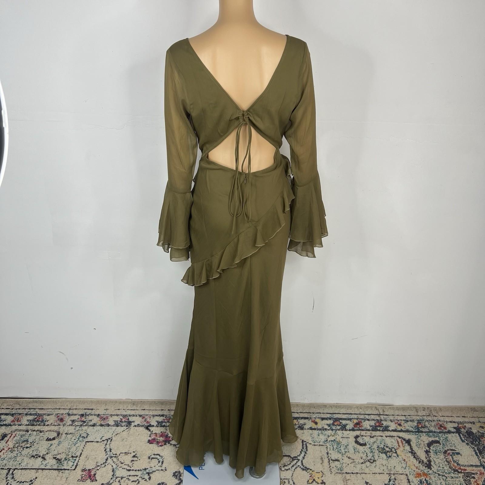 Asos design Maxi Dress Size 8 Khaki Green V-Neck Long Sleeve Ruffle Cut Out Back