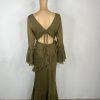 Asos design Maxi Dress Size 8 Khaki Green V-Neck Long Sleeve Ruffle Cut Out Back