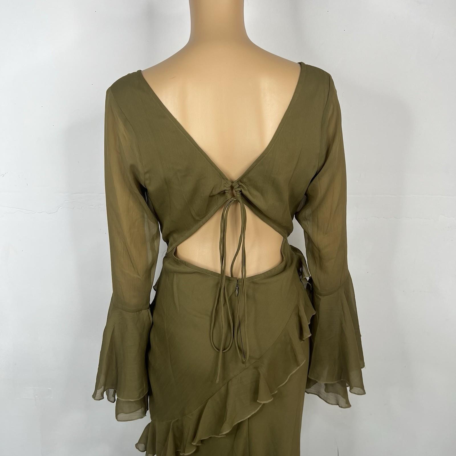 Asos design Maxi Dress Size 8 Khaki Green V-Neck Long Sleeve Ruffle Cut Out Back