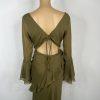 Asos design Maxi Dress Size 8 Khaki Green V-Neck Long Sleeve Ruffle Cut Out Back