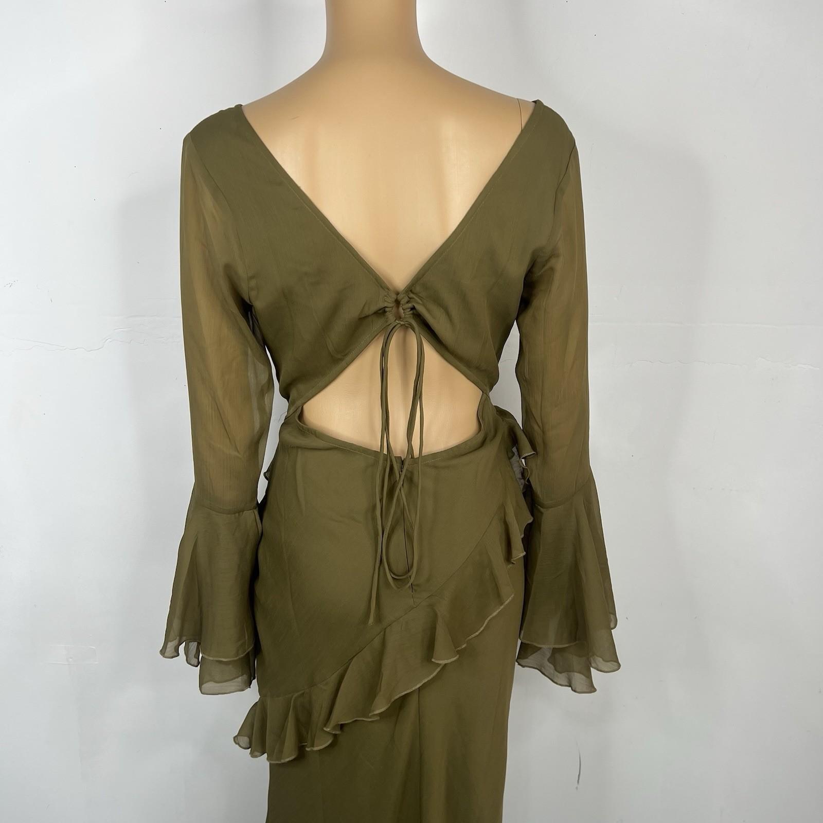 Asos design Maxi Dress Size 8 Khaki Green V-Neck Long Sleeve Ruffle Cut Out Back