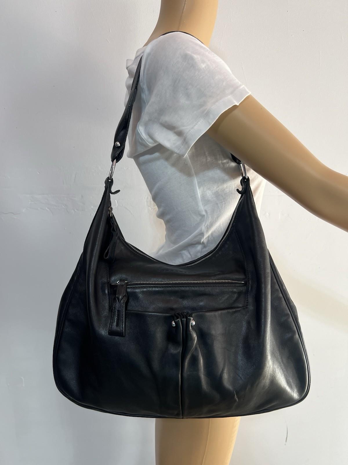 Longchamp Leather Hobo Bag Black Large Shoulder  Tote Zip Up Pockets