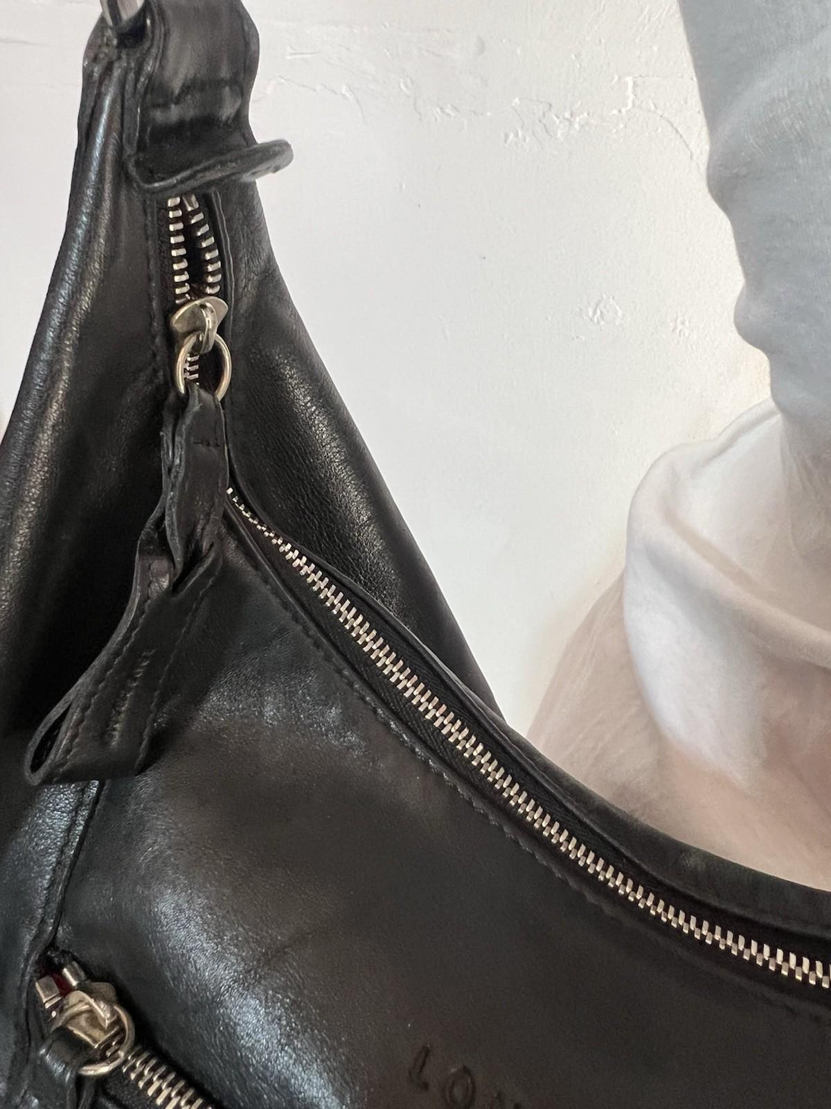 Longchamp Leather Hobo Bag Black Large Shoulder  Tote Zip Up Pockets