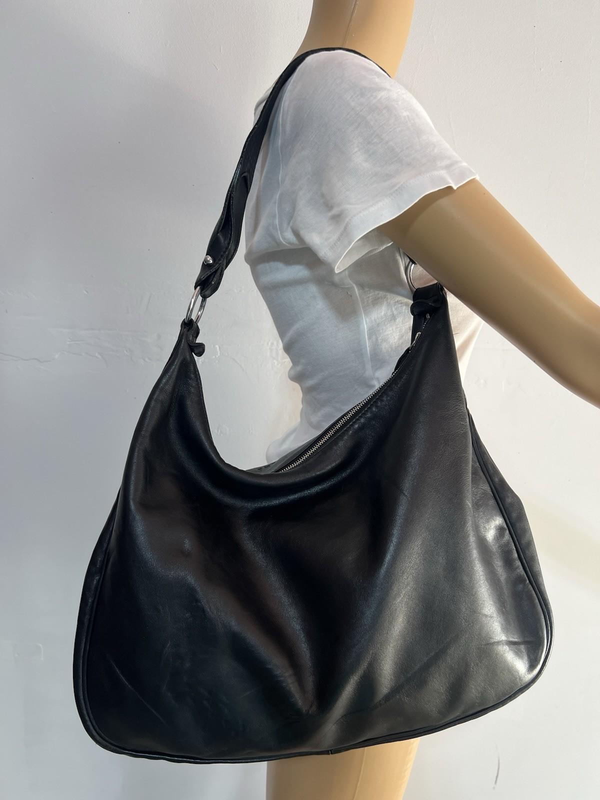 Longchamp Leather Hobo Bag Black Large Shoulder  Tote Zip Up Pockets