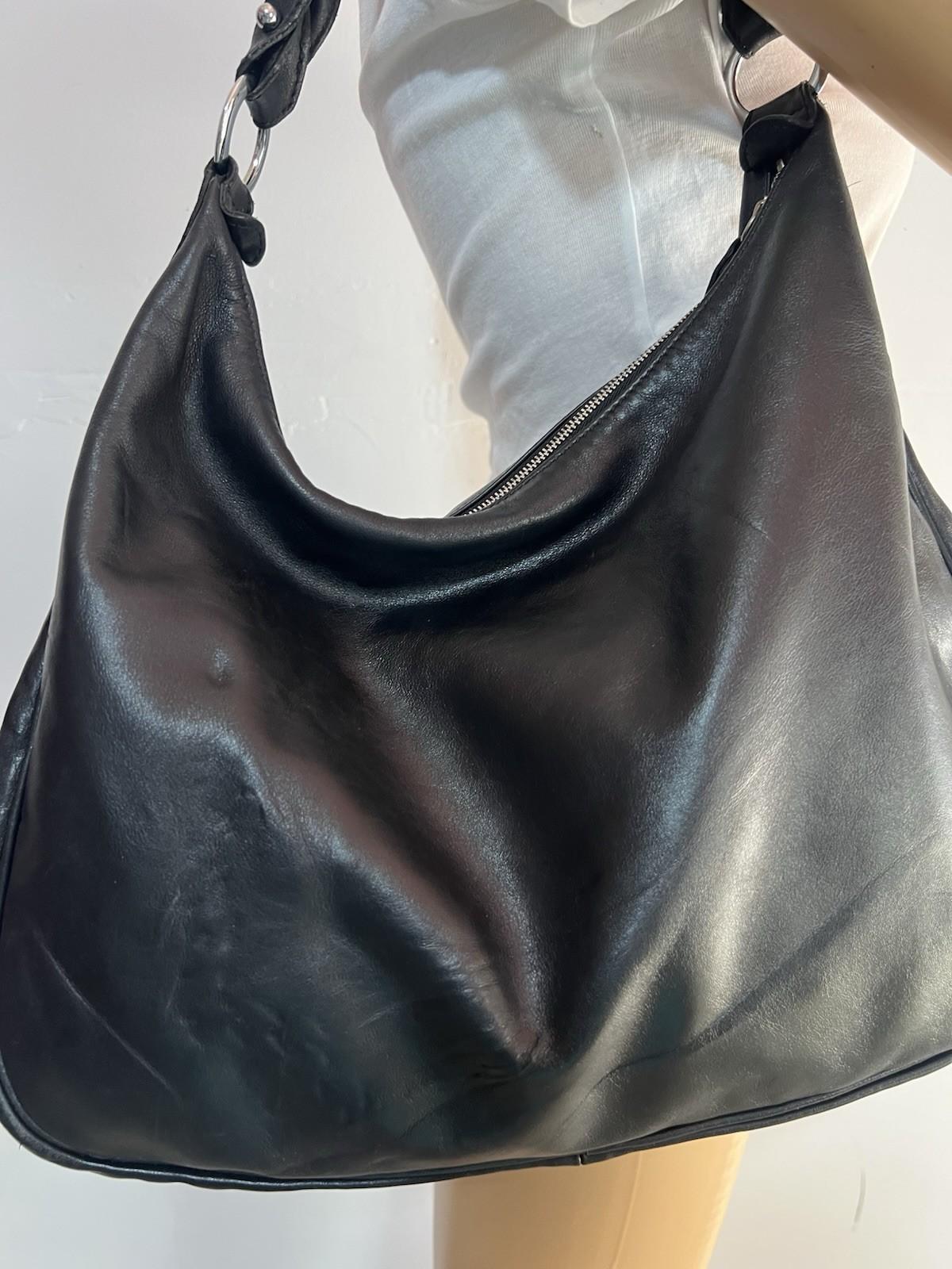 Longchamp Leather Hobo Bag Black Large Shoulder  Tote Zip Up Pockets
