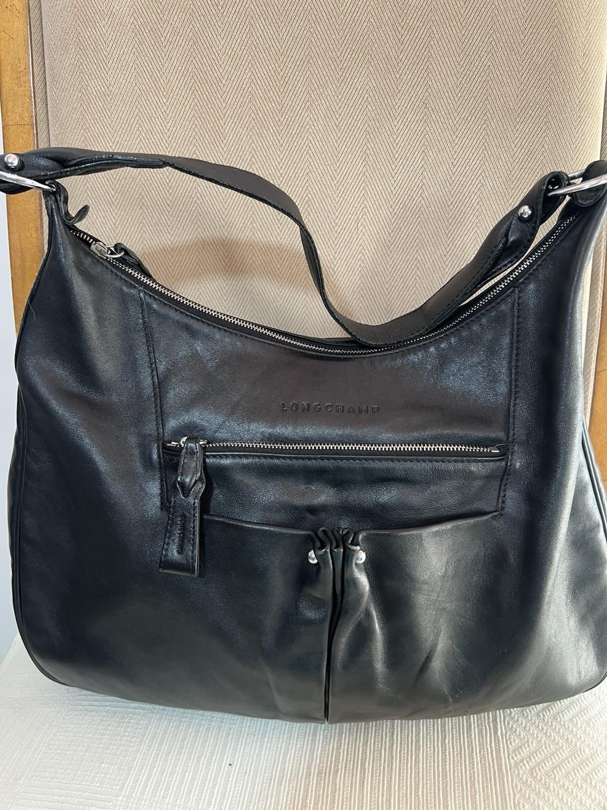 Longchamp Leather Hobo Bag Black Large Shoulder  Tote Zip Up Pockets