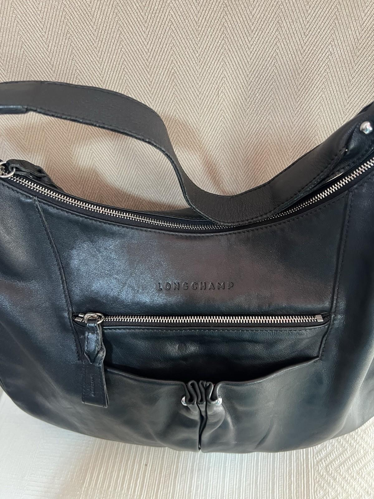 Longchamp Leather Hobo Bag Black Large Shoulder  Tote Zip Up Pockets