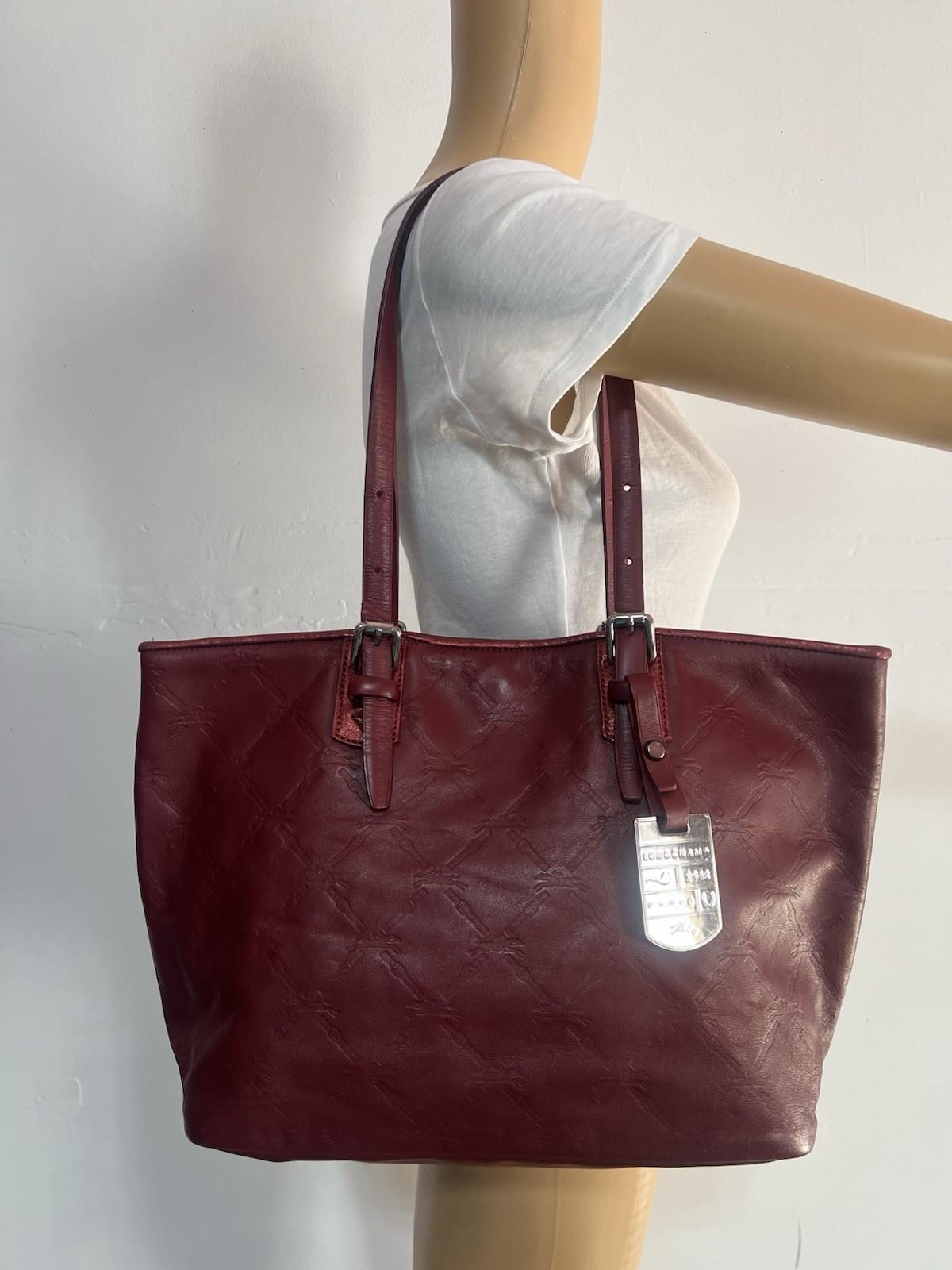 10-353.jpg Longchamp Hortensia LM Embossed Leather Tote Bag Burgundy Medium Snap Closure
