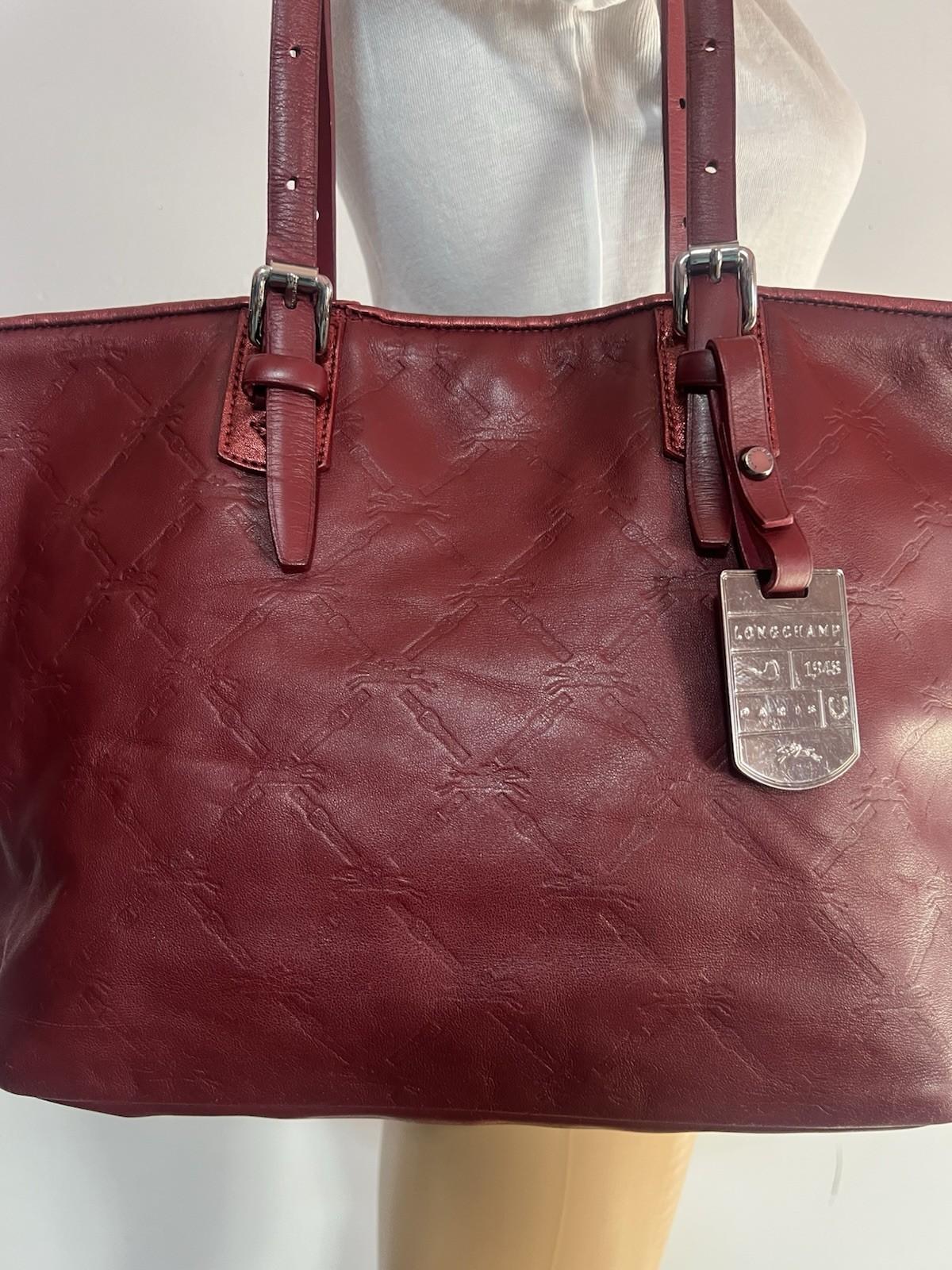 10-355.jpg Longchamp Hortensia LM Embossed Leather Tote Bag Burgundy Medium Snap Closure
