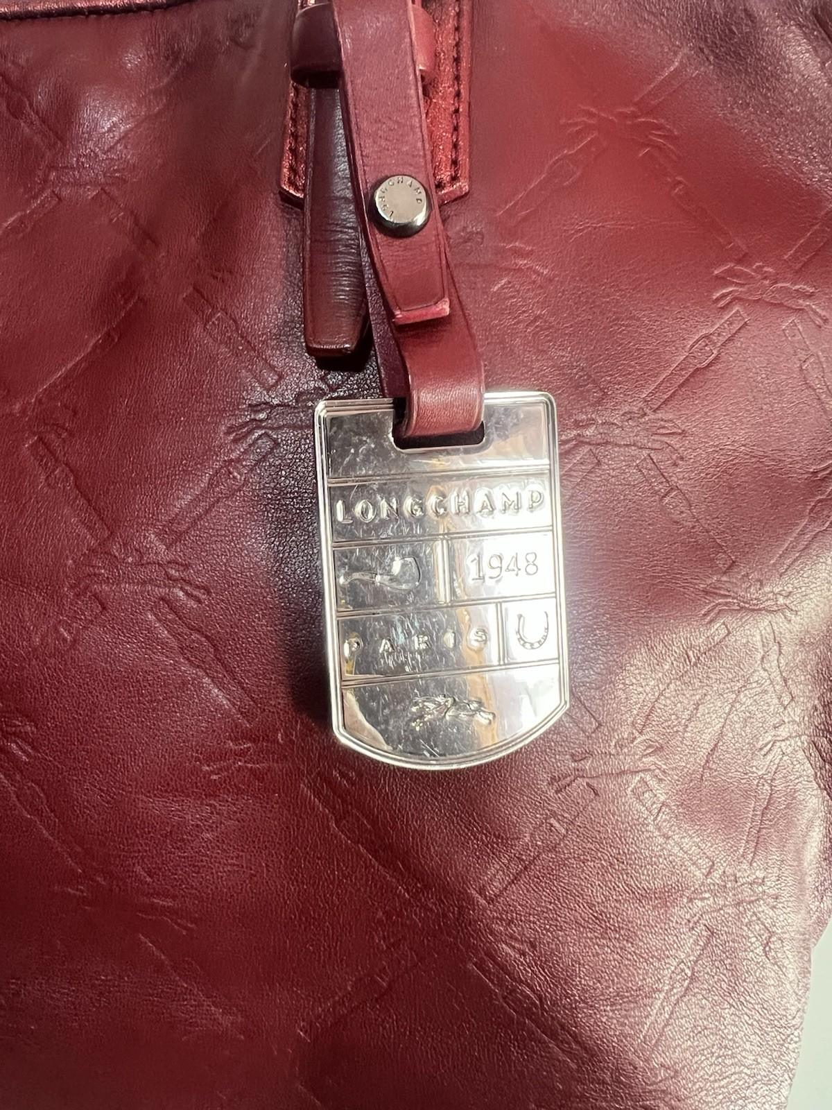 10-357.jpg Longchamp Hortensia LM Embossed Leather Tote Bag Burgundy Medium Snap Closure