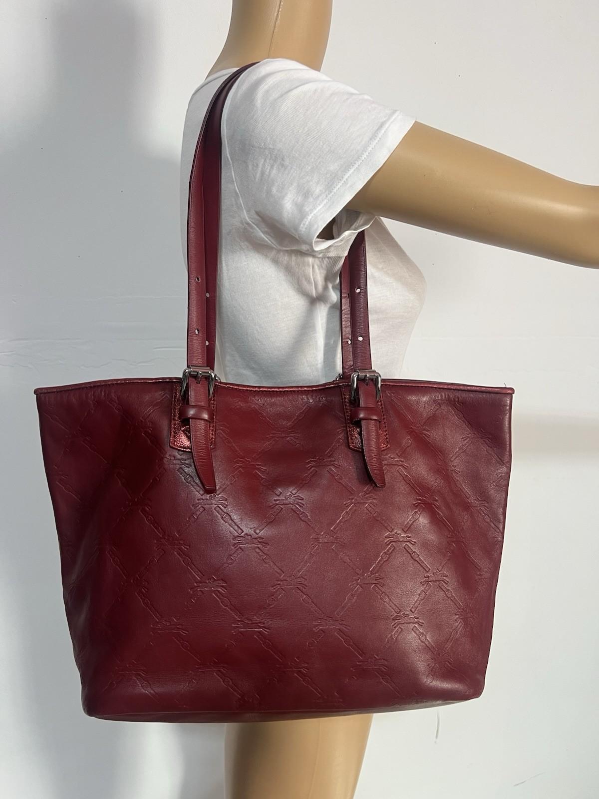 10-358.jpg Longchamp Hortensia LM Embossed Leather Tote Bag Burgundy Medium Snap Closure