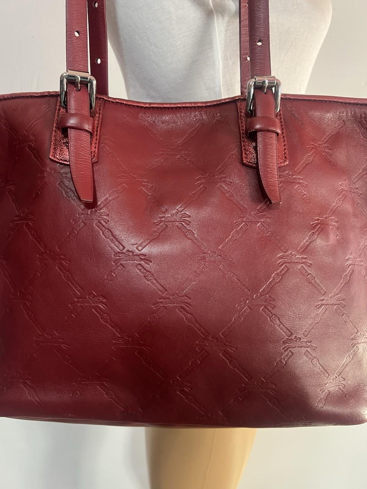 10-359.jpg Longchamp Hortensia LM Embossed Leather Tote Bag Burgundy Medium Snap Closure