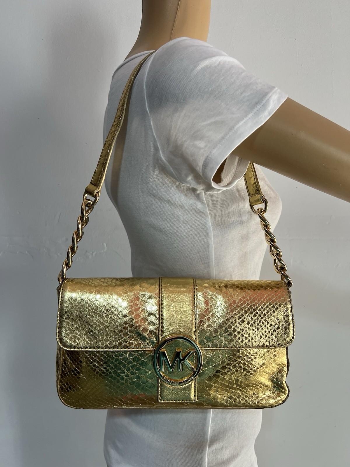 Michael Kors Gold Soft Python Leather Fulton Small Flap Shoulder Bag Clutch